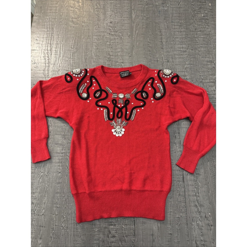 VTG Rare Pierre Cardin Red Beaded Embellished Sweater Size S 55 Ramie 45 Cotton